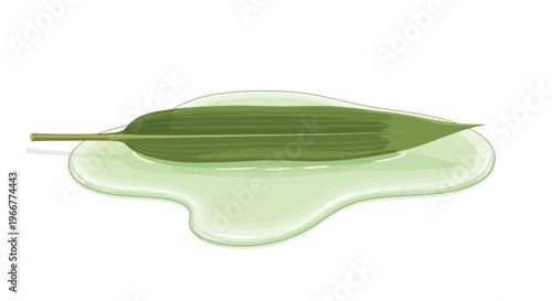 Minimal green leaf with glossy gel puddle, botanical vector illustration on white background, natural skincare icon, organic eco design element