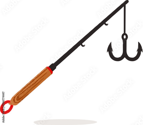 A detailed gaff illustration features a sharp hook attached to a wooden handle with bold black lines and flat colors, isolated against a white background