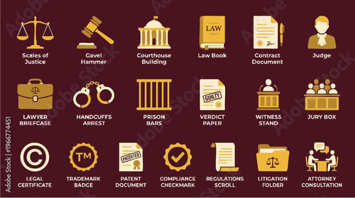 Justice Icons, Legal Proceedings, Digital Illustration, Professional Environment, Graphic Viewpoint, Law Concept