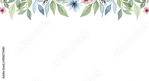 Watercolor floral border vector, botanical leaf and wildflower frame in soft green and blue, elegant nature header for wedding invite and card