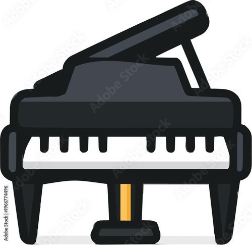 A professional 2D flat illustration of a grand piano with the lid open reveals its strings and keys, rendered in thick bold outlines against a stark white background