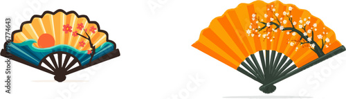 This minimalist 2D flat icon features a stylized hand fan with detailed Japanese wave patterns and cherry blossom icons, rendered in vibrant colors and bold black outlines against a white background