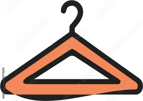 A minimalist 2D flat icon of a wooden hanger with a silver hook and crossbar for trousers, featuring thick bold black outlines on a clean white background