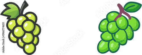 A minimalist 2D flat vector illustration of translucent green grapes with a small vine and a single leaf, rendered in thick bold black outlines against a vibrant white background