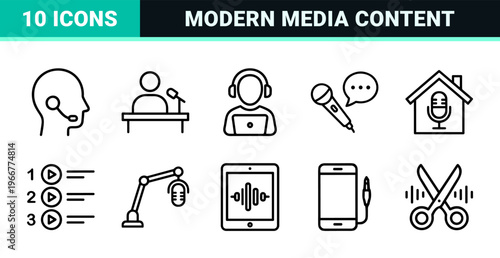 Professional Podcast and Digital Broadcasting Outline Icons Featuring Minimalist Monoline Aesthetic for Audio Production and Streaming.