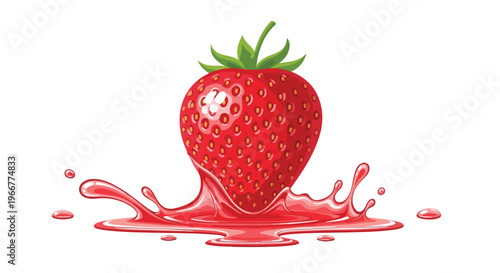 Realistic strawberry vector with red juice splash, fresh berry fruit illustration on white background, summer food icon for packaging and menus
