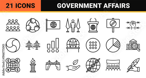 Political Science and Global Governance Minimalist Monoline Icon Set featuring Government, Diplomacy, and Civil Rights Geometric Symbols