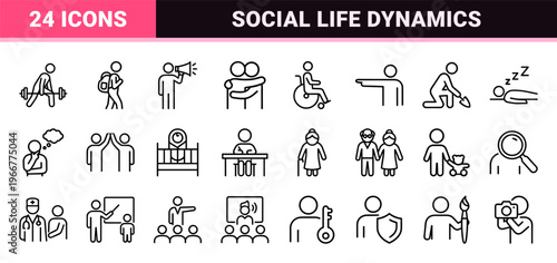 Human Activity and Social Interaction minimalist Monoline Outline Symbols for User Interface and Infographic Design Projects.