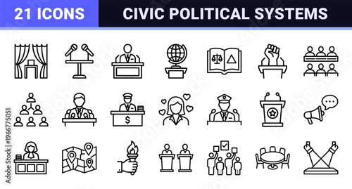 Political Systems and Democratic Governance Monoline Icon Set. Minimalist geometric line art for legislation, elections, and civic rights.