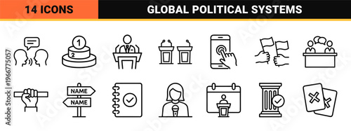 Political System and Civic Governance Minimalist Monoline Icons for Digital Democracy, Voting Analytics, and Legislative Design Projects.