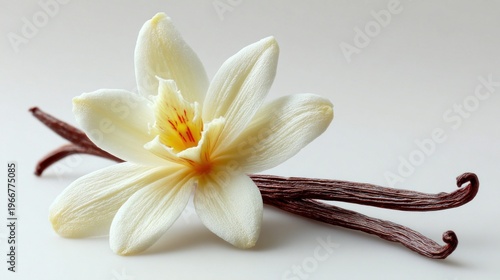Delicate vanilla orchid bloom with two dried vanilla beans on a clean white background