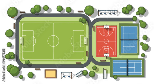 Isometric sports complex vector map, green soccer field and red basketball court with blue tennis courts, urban park plan for infographic design