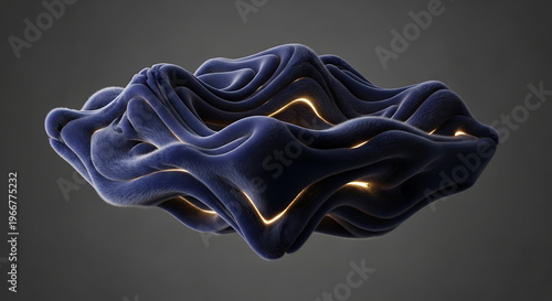 Abstract, flowing, blue, plush wave with glowing golden accents.