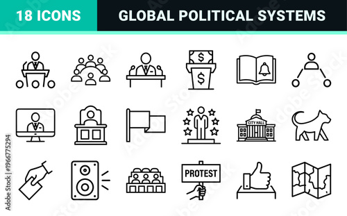 Government and Civic Infrastructure Minimalist Monoline Icon Set Featuring Geometric Line Art for Policy, Elections, and Law UI UX.