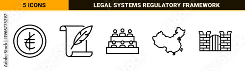 Politics and Government Minimalist Monoline Icon Set featuring Geometric Line Art for Public Policy, Law, and Civic Engagement Graphics