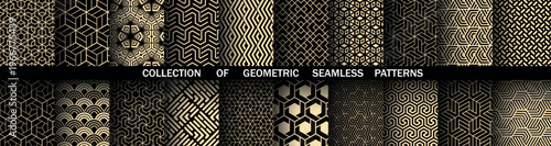 Geometric set of seamless black and golden patterns. Simple vector graphics