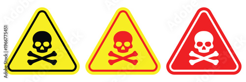 Skull and crossbones warning signs of poison toxic and danger symbol set in yellow and red triangle frame for safety alert hazard design.