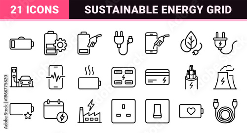 Clean Geometric Line Art for Electric Vehicle Infrastructure and Renewable Power Systems, Featuring Minimalist Monoline Symbols for Modern UI.