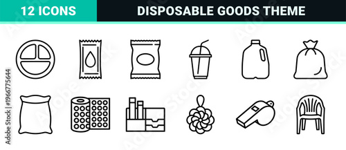 Disposable Plastic Products and Synthetic Packaging Monoline Icons Featuring Ultra Minimalist Geometric Outlines for Commercial Design Use