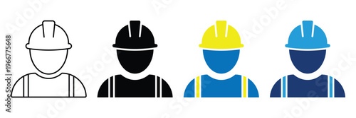 Construction worker icons set. Set of engineer, builder, labour and handyman symbols wearing hard hat and safety vest in black outline, solid and colorful flat icon.