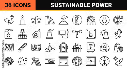 Sustainable Energy and Electrical Infrastructure Icon Set Featuring Minimalist Monoline Engineering Symbols for Renewable Power Utility.