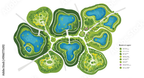 Modern topographic park map vector, green landscape masterplan illustration with lakes and paths, eco city planning diagram for presentation