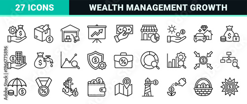 Financial Projection and Investment Strategy Outline Icons. Minimalist monoline geometric line art for business data and wealth management.