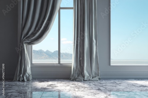 Elegant curtains frame a scenic mountain vista through large windows.