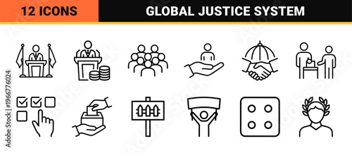 Government and Civic Activism Thin Line Icons featuring Politics, Law, Justice, and Democracy in a Minimalist Monoline Geometric Aesthetic.