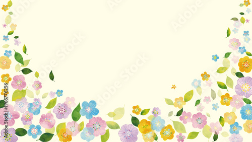 北欧風 かわいい水彩タッチのアネモネや小花・葉っぱのフレーム3(16:9)Watercolor flower Series:A cute Scandinavian-style frame featuring anemones, small flowers, and leaves3