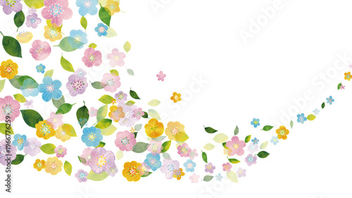 北欧風 かわいい水彩タッチのアネモネや小花や葉っぱが舞う(16:9)Watercolor flower Series:A cute, Scandinavian-style watercolor painting featuring anemones, small flowers, and leaves fluttering about.