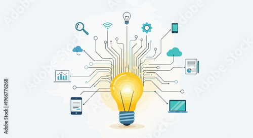 Futuristic light bulb innovation vector illustration, digital technology circuit network with laptop and cloud icons, blue and yellow idea concept