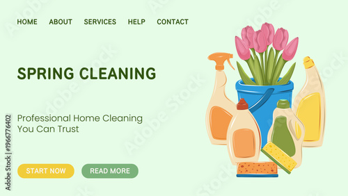 Spring cleaning banner with bottles and flowers. Household products concept, home hygiene, eco cleaning, advertising design for websites, social media and promotions.