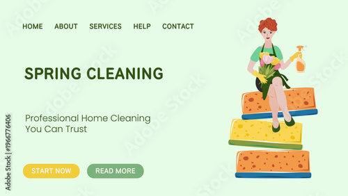 Spring cleaning banner with woman sitting on sponges and holding tools. Housekeeping concept, professional cleaning service, home maintenance and promotional design.
