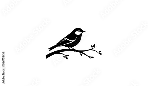 Minimal bird silhouette on tree branch vector icon flat black illustration nature element