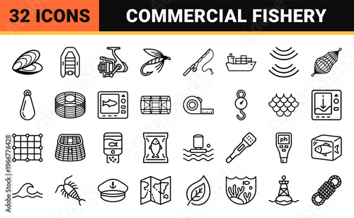 Commercial Fishery and Sustainable Aquaculture Management Minimalist Monoline Outline Symbols for Seafood Industry and Marine Logistics.