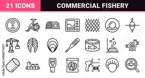 Commercial Fishery and Marine Industry Minimalist Monoline Icons for Seafood Processing, Aquaculture Management, and Nautical Navigation.
