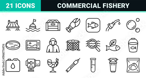 Commercial Fishery and Sustainable Aquaculture Management Minimalist Monoline Geometric Line Art for Industrial Seafood Processing