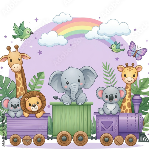 Cute Safari Animal Train with Rainbow and Jungle Friends Illustration.