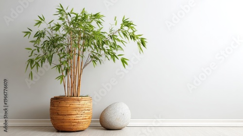 Potted bamboo plant and smooth stone accent a minimalist interior space.