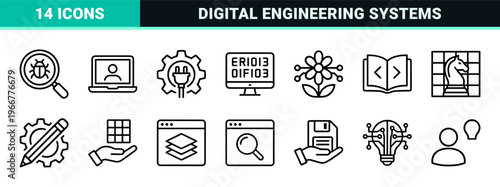 Software Engineering and Coding Infrastructure Monoline Icon Set featuring Geometric Development, Cloud Computing, and Data Science Symbols.