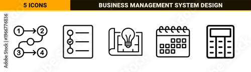 Minimalist monoline project management icon set featuring geometric line art for agile workflow optimization and corporate business strategy.