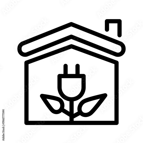 This line icon shows a house with energy and plug elements, representing smart home systems. Suitable for IoT apps, home automation platforms, and energy management dashboards.