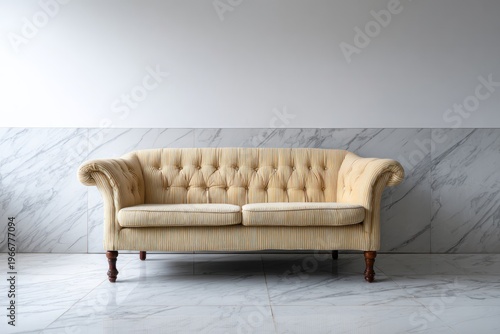 Tufted yellow sofa sits against a marble wall.