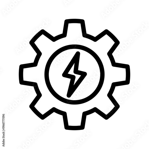 This line icon shows a gear with a lightning symbol, representing energy systems, automation processes, and electrical technology. Ideal for industrial apps, system control dashboards, and engineering