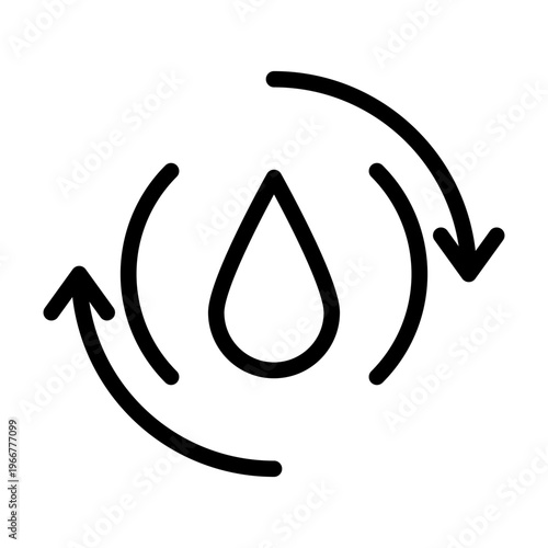 This line icon shows a water drop surrounded by circular arrows, representing water cycle, recycling, and sustainable resource management. Ideal for environmental apps, eco systems, and sustainability