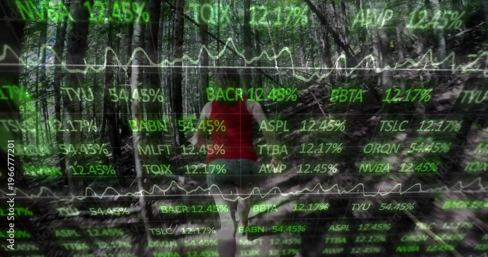 Fototapeta premium Walking woman in red tank top and shorts navigating woodland trail, with green tickers over trees