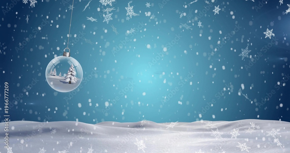 Fototapeta premium Hanging glass bauble showing mini pine trees over snowy field, with falling snowflakes, copy space