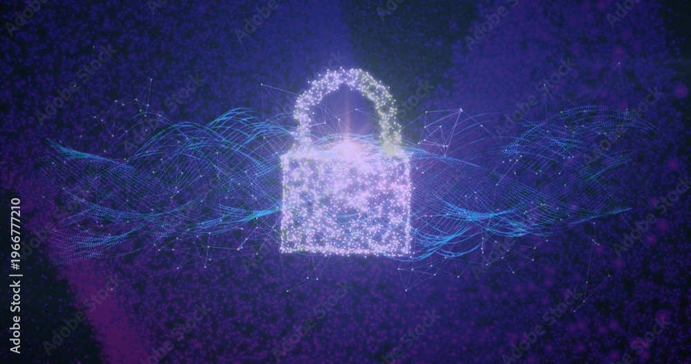 Naklejka premium Glowing digital padlock floating in deep purple cyberspace, showing cyan waveforms and mesh nodes