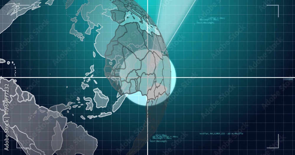 Naklejka premium Rotating translucent globe projection showing Africa coastlines on nav dashboard with crosshair
